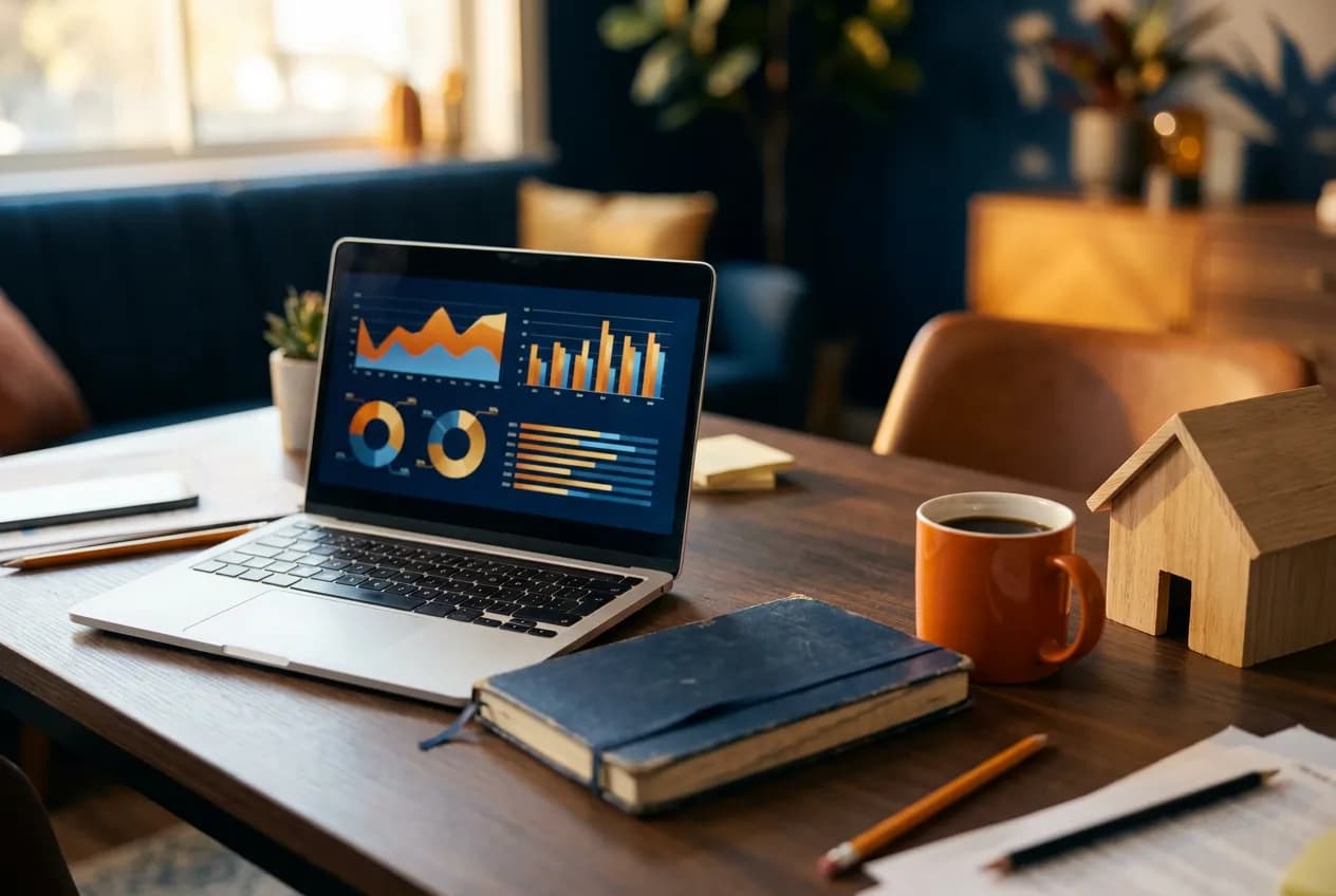 Marketing agency desk with analytics on a laptop