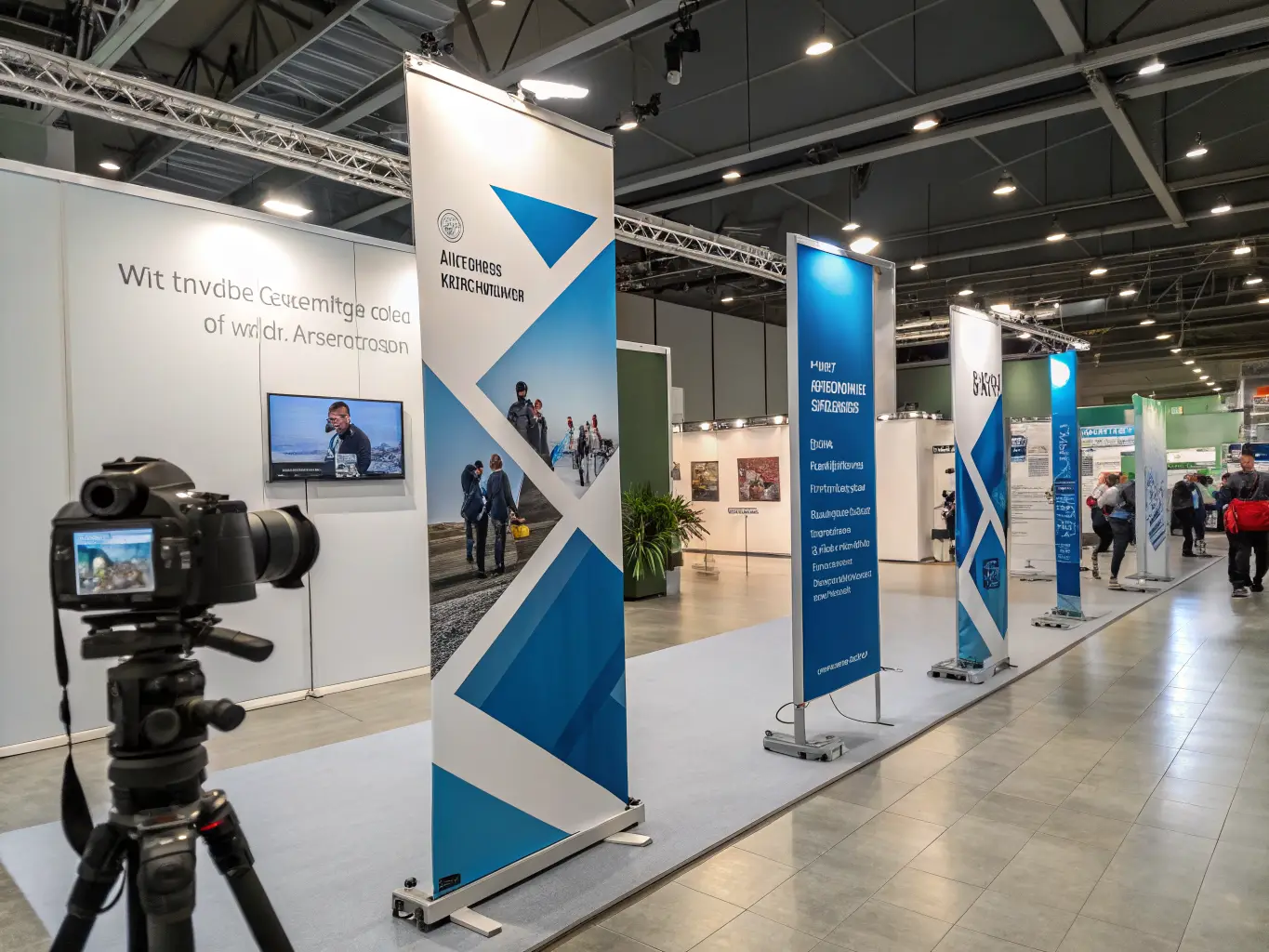 Retractable banner stands and step-and-repeat backdrops at a trade show exhibition