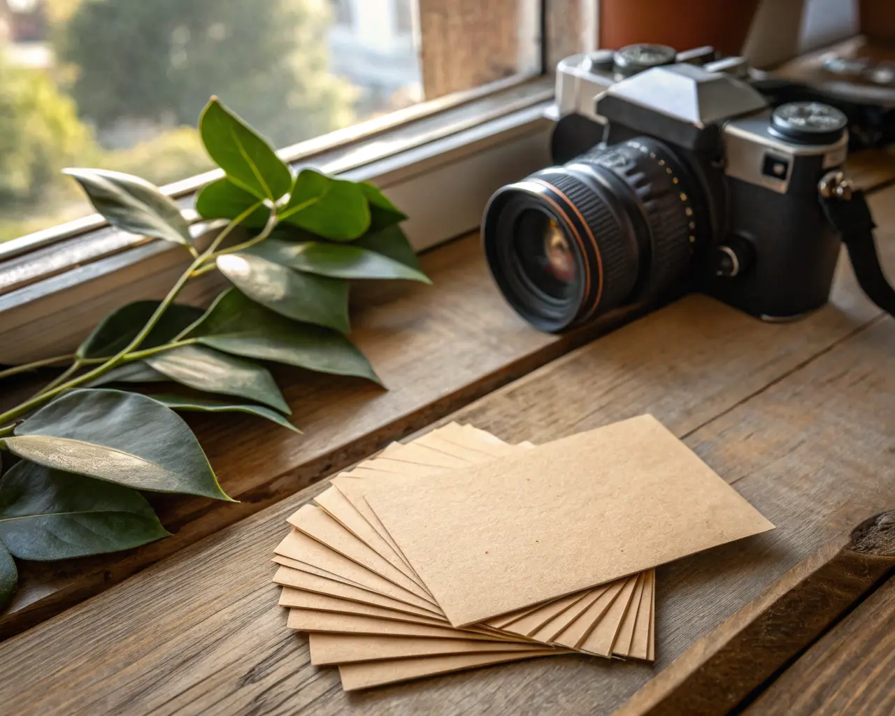 Eco-friendly kraft paper business cards on rustic wood surface with green leaves — sustainable recycled cardstock printing