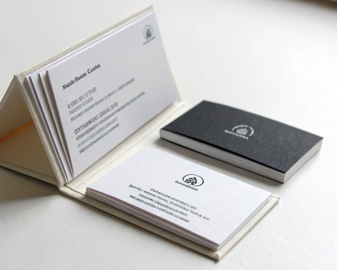 Folded bi-fold business cards open and closed on white surface showing interior contact layout and exterior cover design