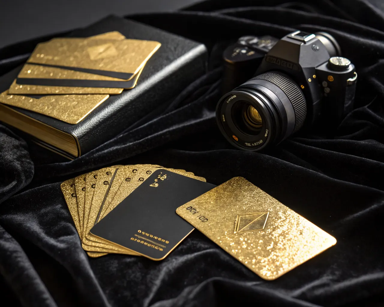 Luxury gold foil business cards on black velvet with metallic gold foil stamping and premium heavyweight cardstock