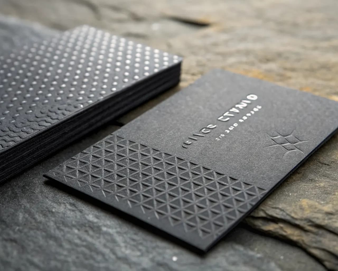 Special finish business cards with embossed texture and soft-touch lamination on dark slate — spot UV and matte coating