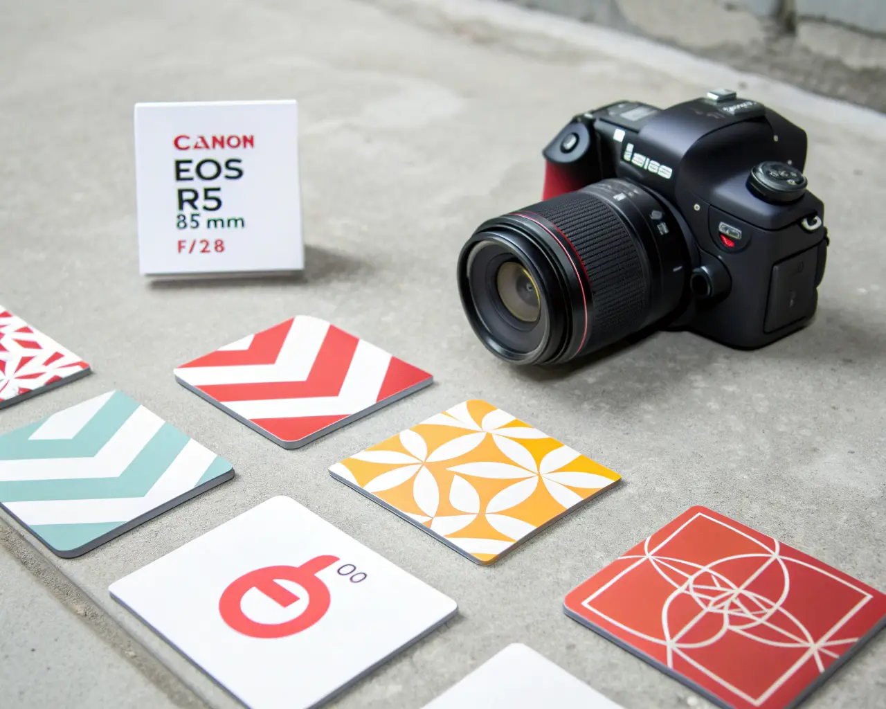 Square format business cards arranged on concrete surface showing rounded corners and bold full-color graphic designs