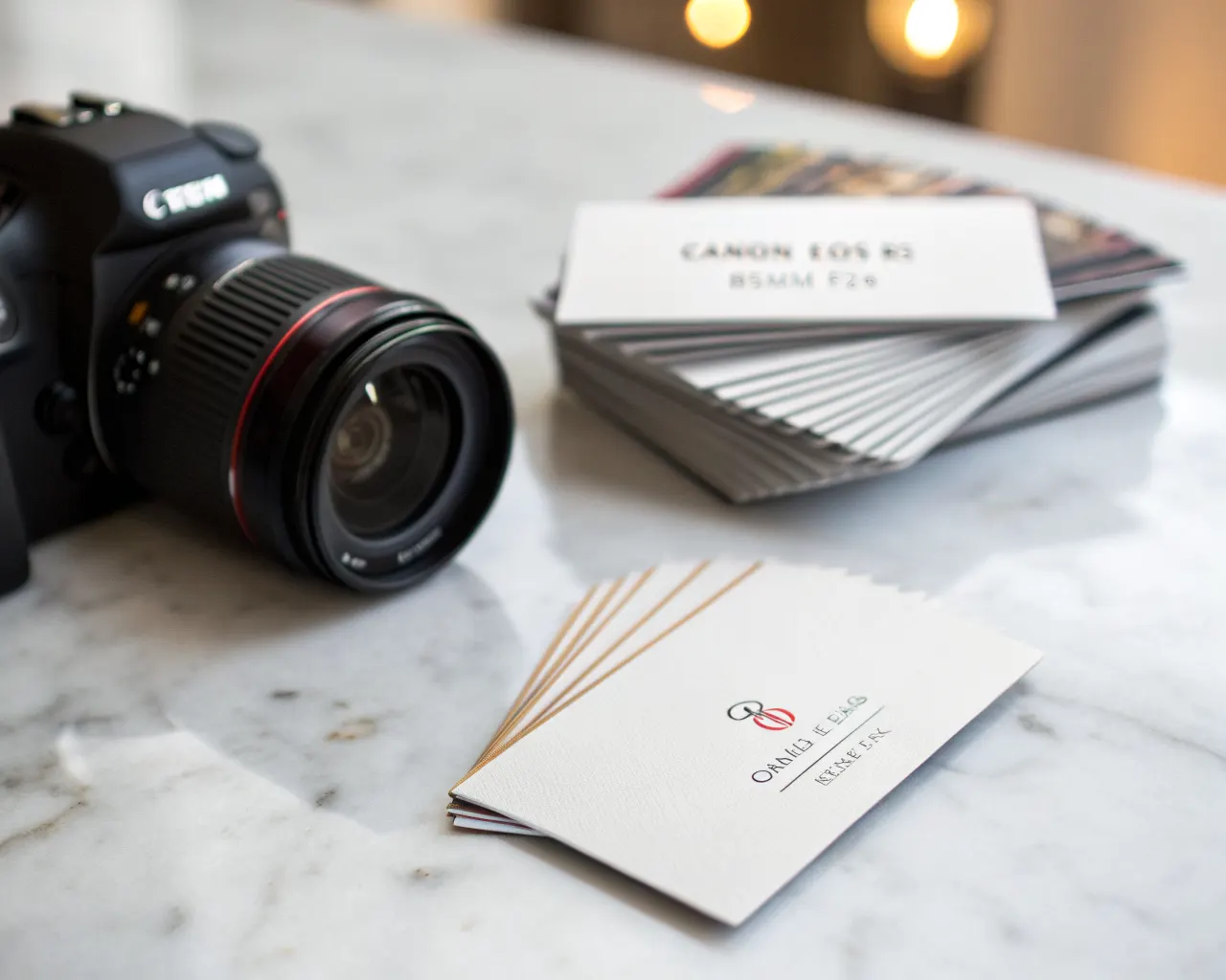 Standard business cards fanned out on white marble showing matte and gloss finish options for professional networking