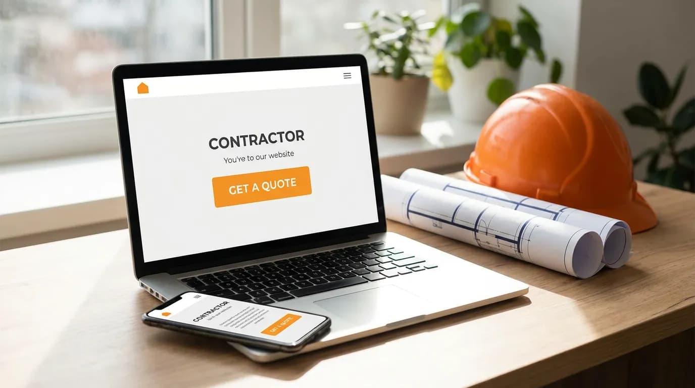Laptop and phone showing a contractor website with a call button