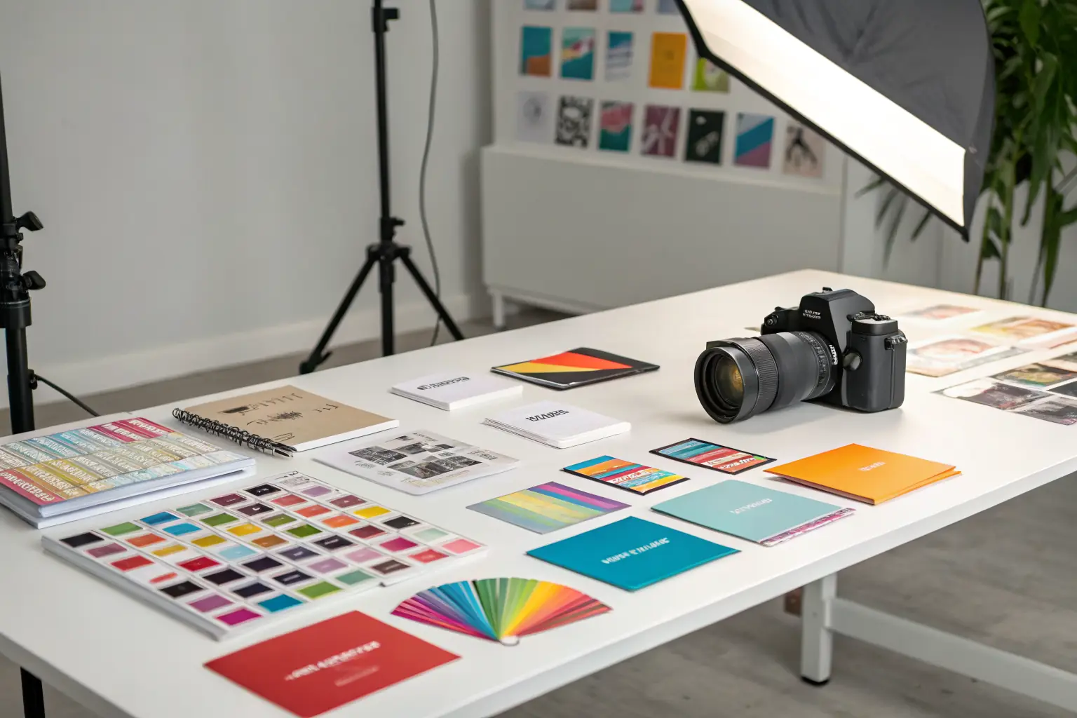 Creative print studio with colorful printed materials spread across a white table