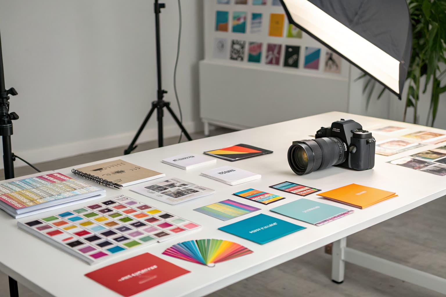 Creative print studio with colorful printed materials spread across a white table