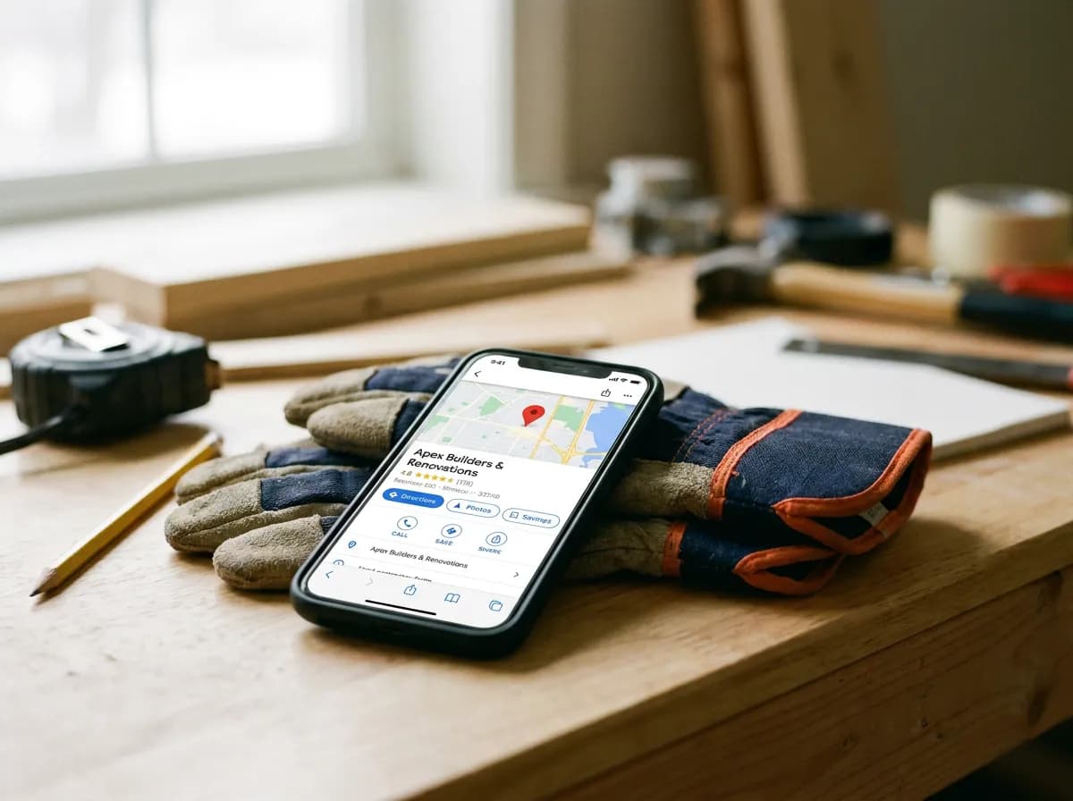 Smartphone showing a local business profile with a map pin and star ratings