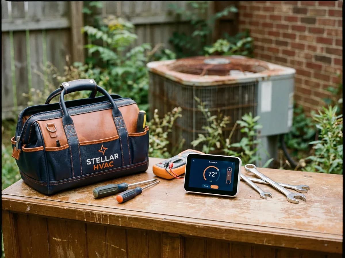 HVAC tools and a thermostat in front of an outdoor air conditioner unit