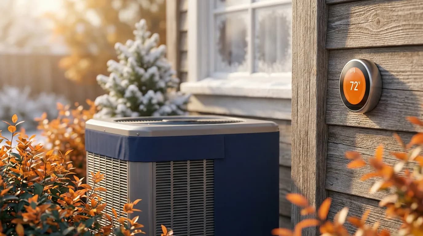 Air conditioner condenser unit beside a house on a sunny day