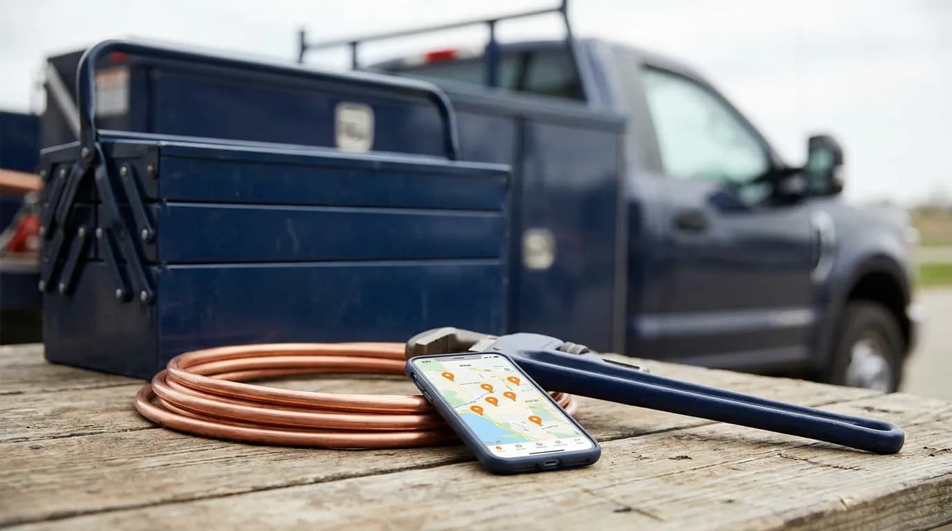 Plumbing tools beside a smartphone showing a map with location pins
