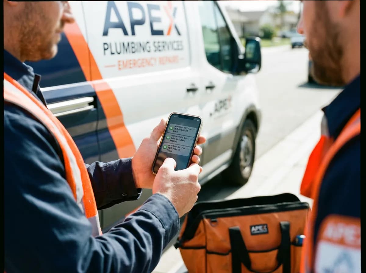 Plumber checking new service call notifications on a phone beside a work van