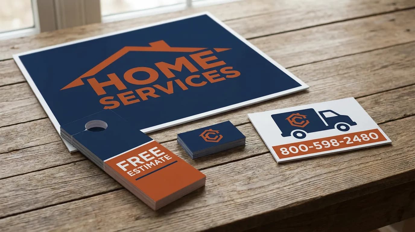Yard sign, door hangers, business cards and a truck magnet on a table