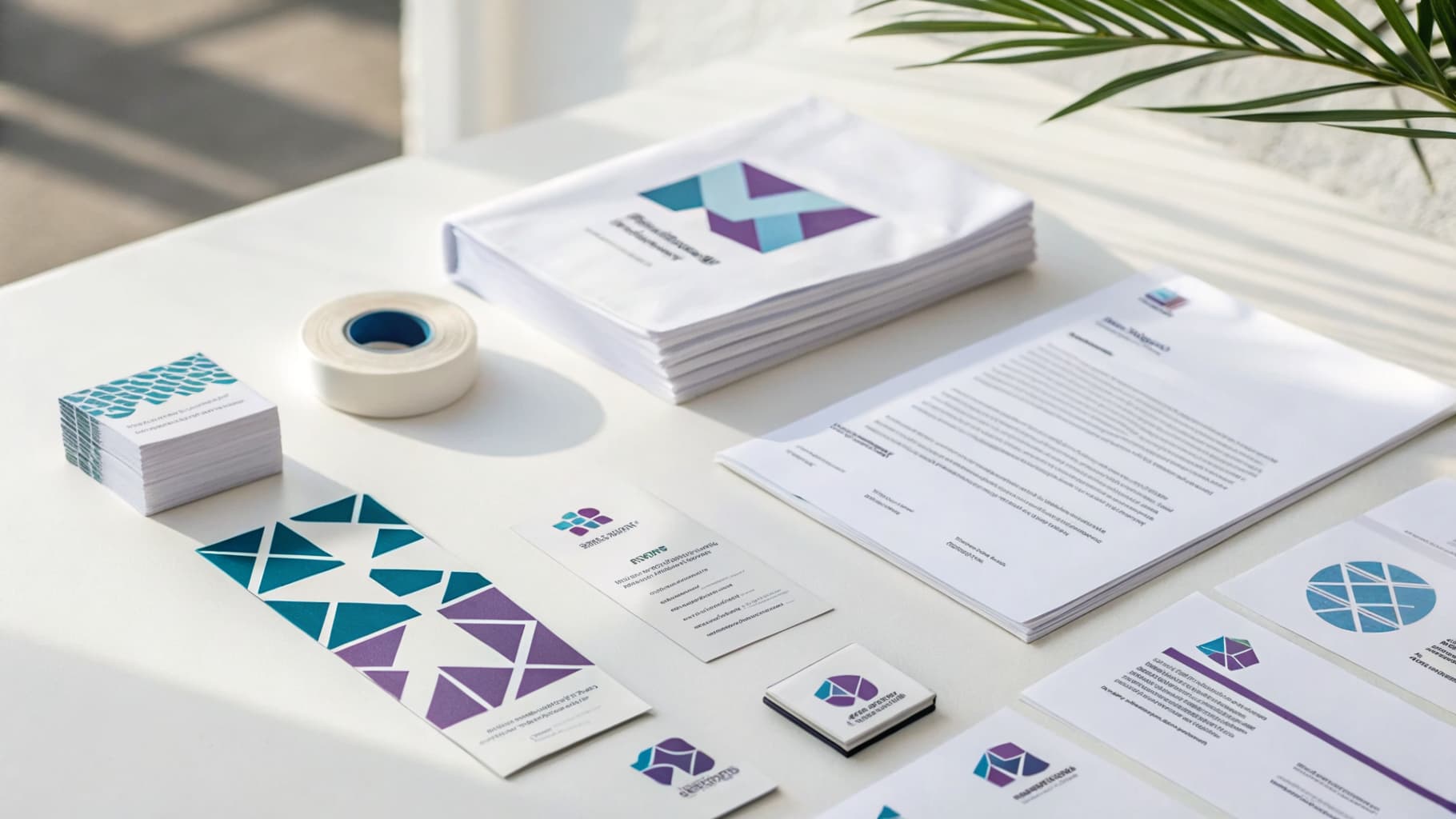 Flat lay of business cards, brochures, and printed marketing materials on a white surface