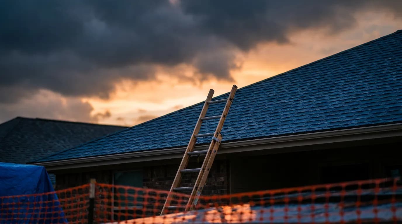 Residential roof with new shingles and a ladder after a storm
