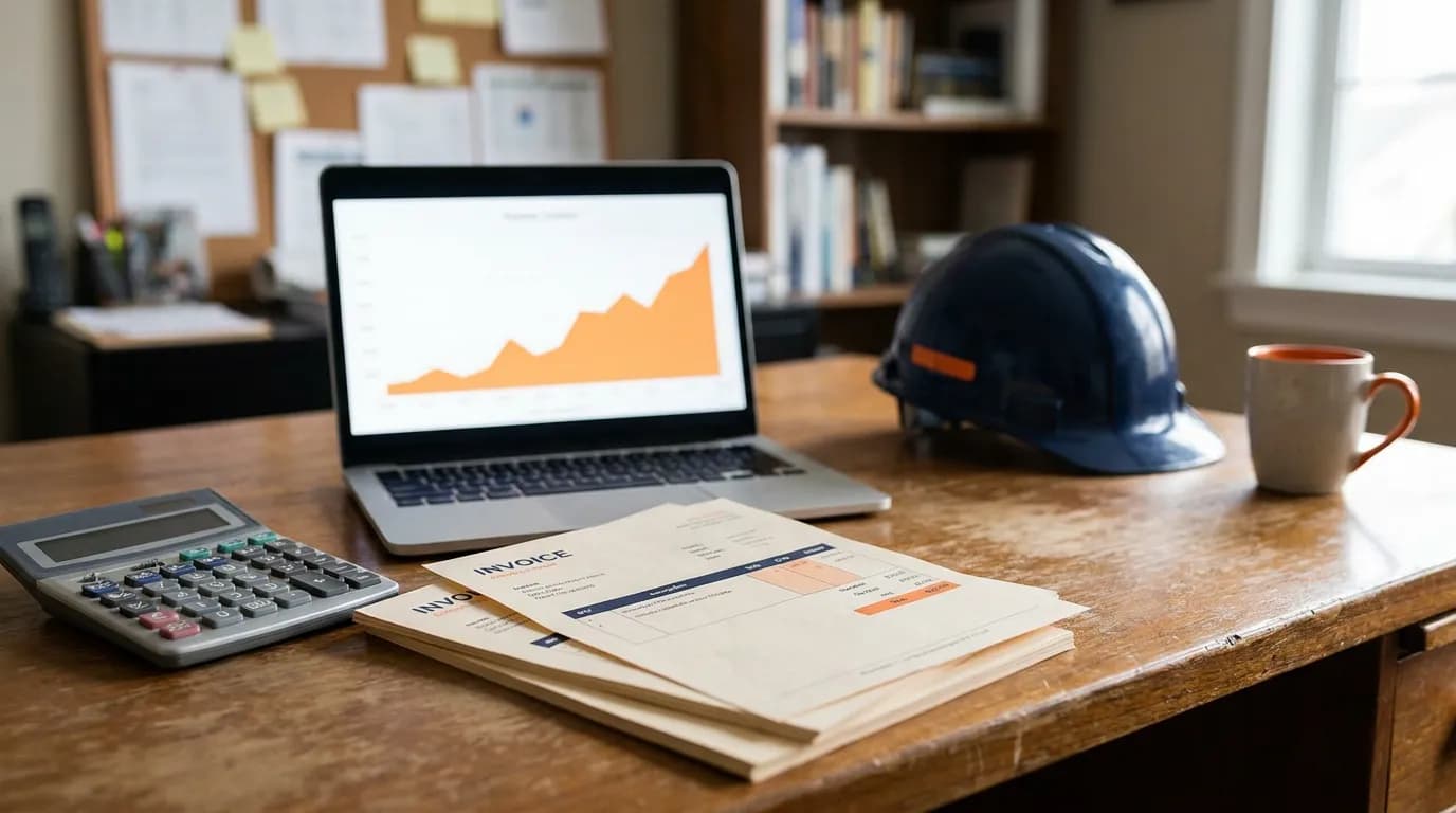 Calculator and laptop with an analytics chart on a contractor desk