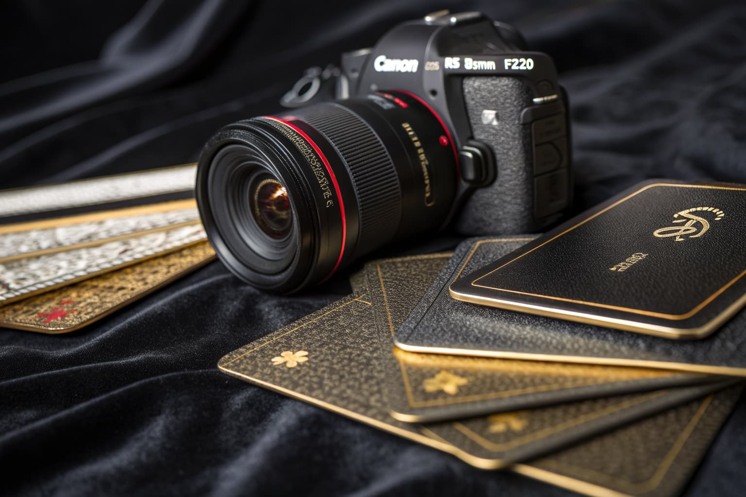 Close-up of premium business cards with gold foil and embossed details on black velvet