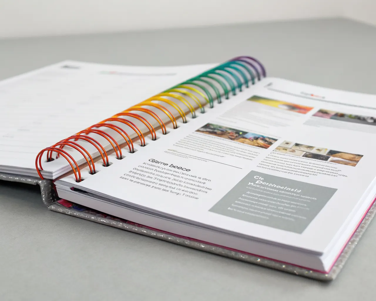 Coil bound booklet with colorful plastic spiral coil binding open on a light gray surface showing interior content pages