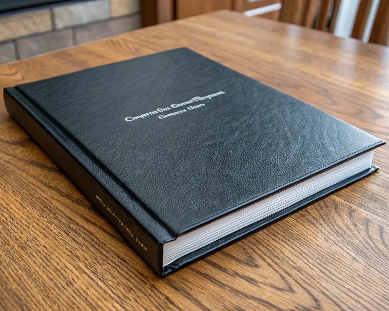 Premium hardcover hardbound book with rigid board cover displayed on oak desk surface showing corporate annual report quality finish