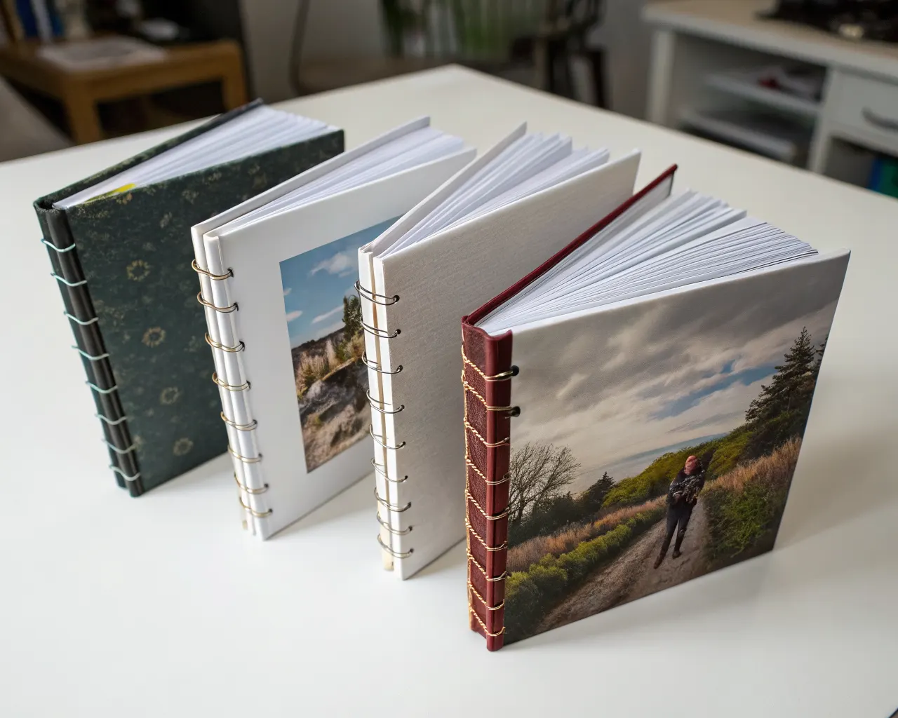 Saddle-stitched booklets with wire staple binding fanned out on a white surface showing glossy covers and interior pages