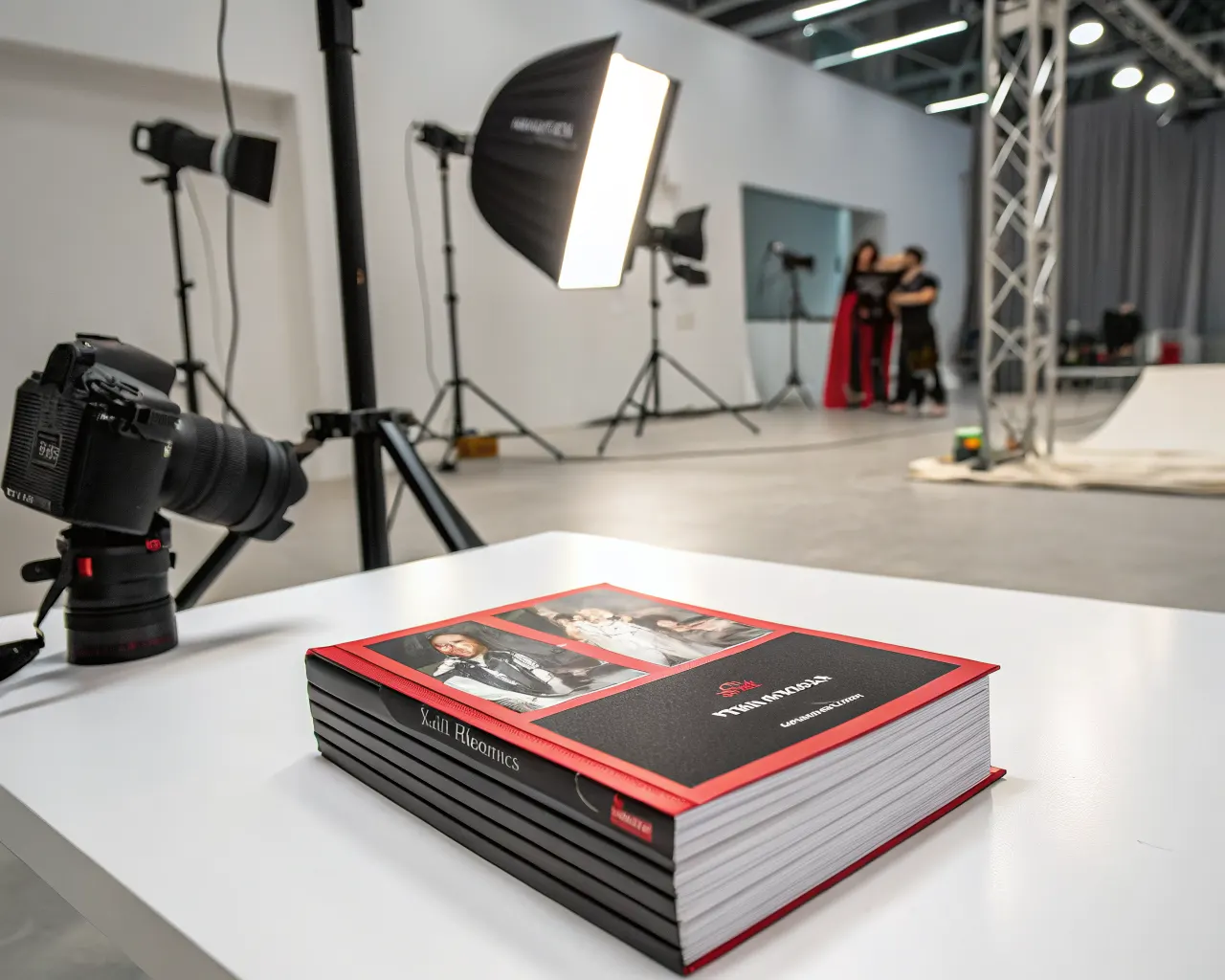 Square format booklets in distinctive square shape with bold cover design on a white studio surface showing modern creative presentation