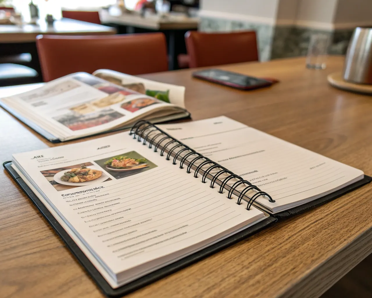 Wire-O bound booklet lying completely flat open on a restaurant table showing double loop wire binding along the left edge