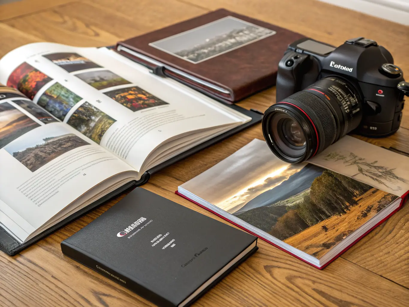 Saddle-stitched, perfect-bound, and wire-O booklets spread across a wooden surface