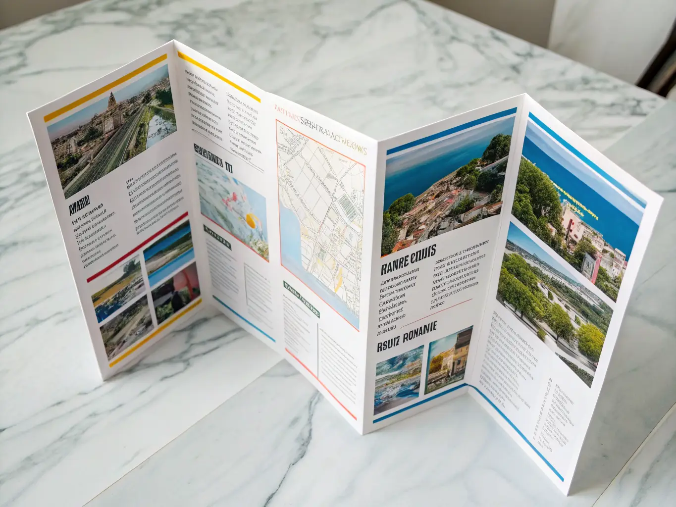 Accordion-fold brochure fanned open on marble surface showing eight panels with travel map and itinerary layout in vivid full color