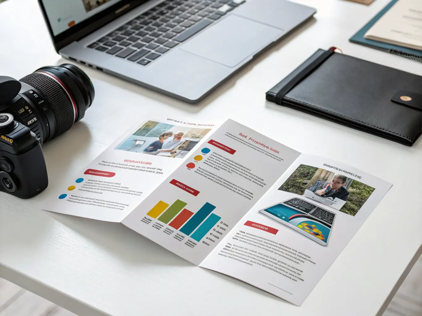 Bi-fold brochure open on a white desk showing four panels with business presentation graphics and colorful print design