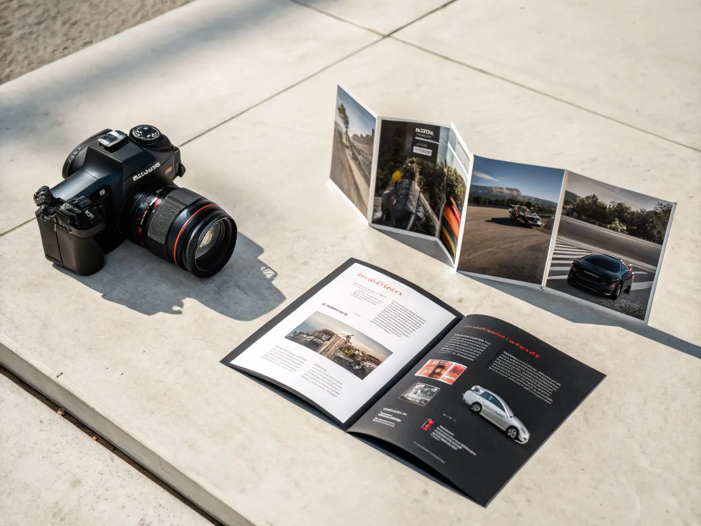 Double gate-fold brochure fully opened showing six panels with premium product reveal layout and luxury brand photography on glossy stock