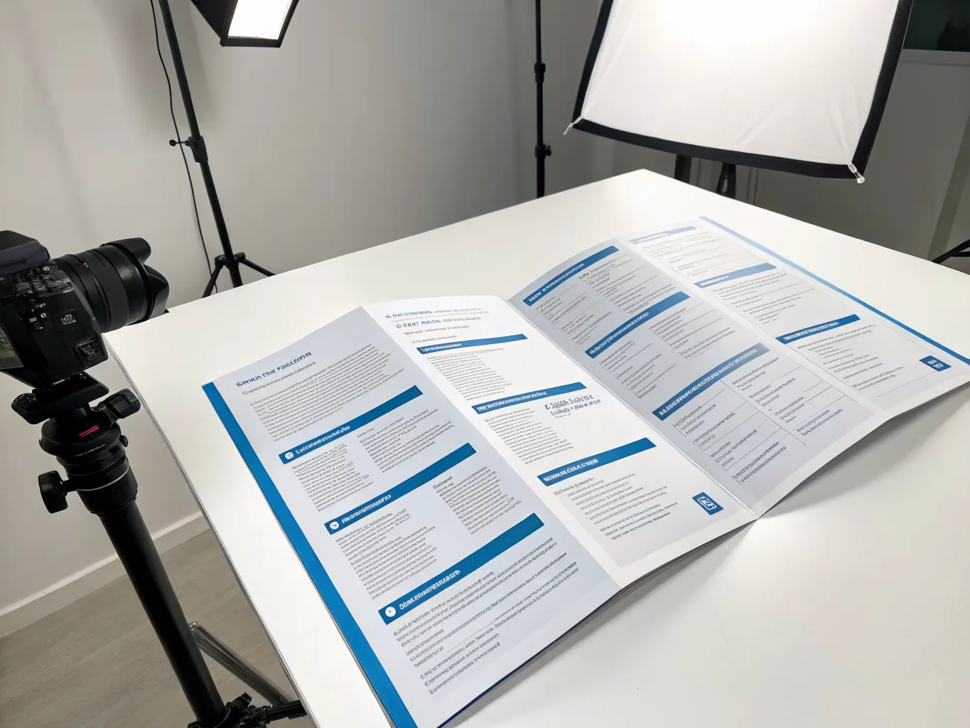 Double parallel-fold brochure opened flat on studio surface showing eight equal panels with corporate product catalog layout and blue color accents