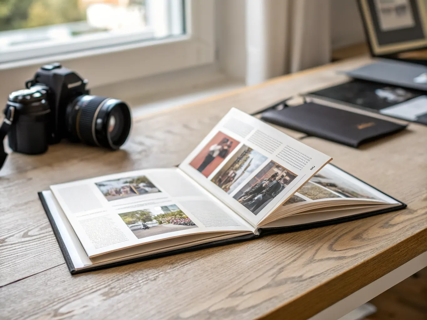 French-fold brochure open on oak desk showing luxury lookbook layout with matte premium paper finish and editorial photography