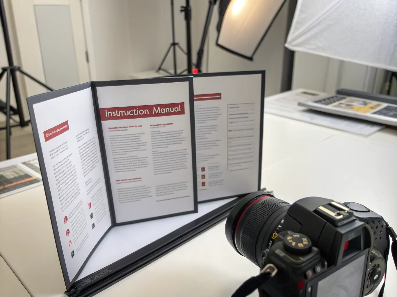 Reverse double parallel-fold brochure showing outer panels framing technical instruction manual content with numbered diagrams and clean typography