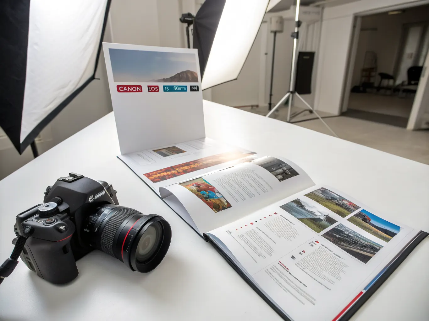 Roll-fold brochure with panels rolling inward displayed on studio surface showing detailed product catalog layout and vivid photography