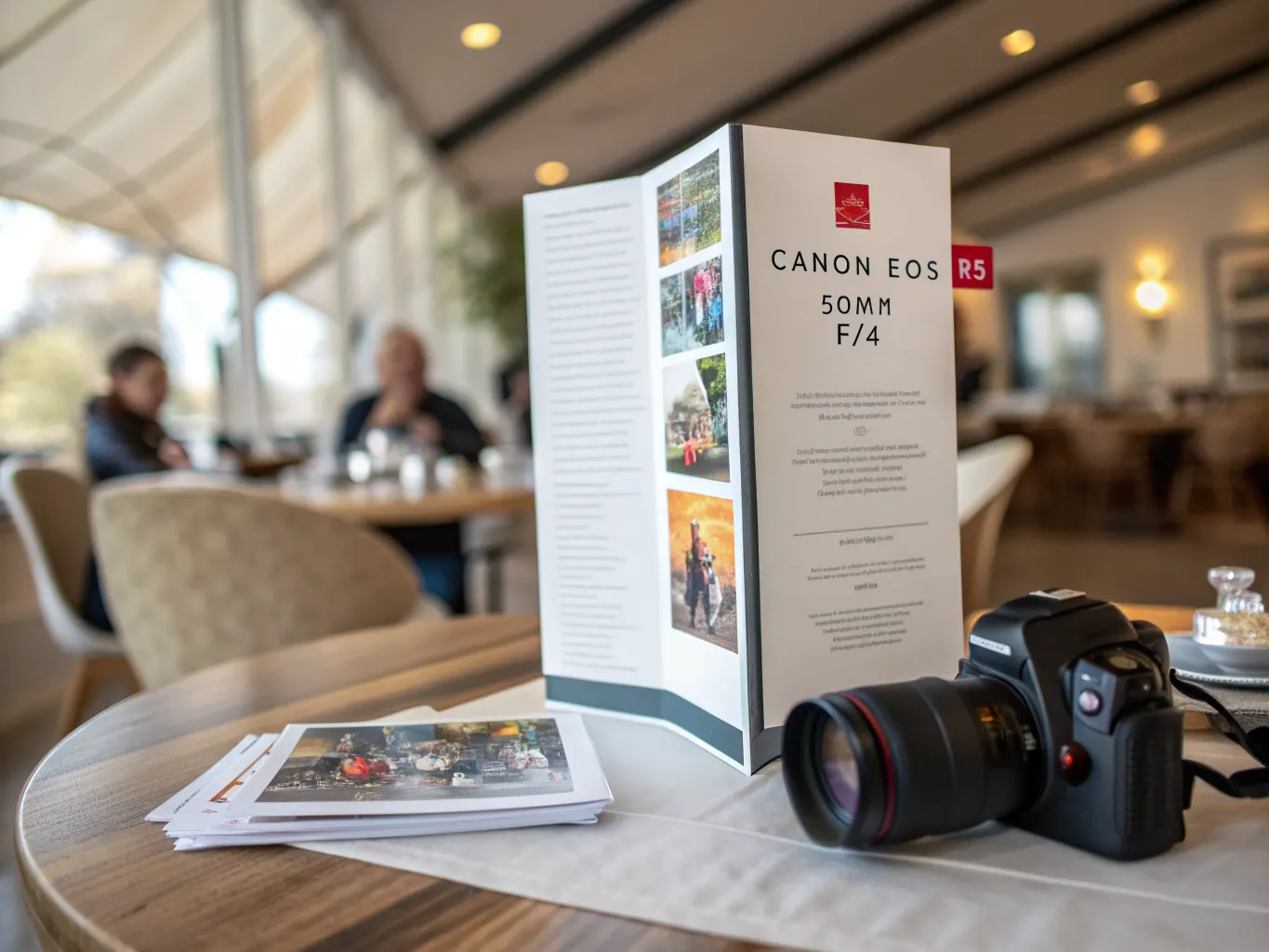 Tent-fold brochure standing upright in self-standing tent shape on cafe table showing point-of-sale promotional content and product photography