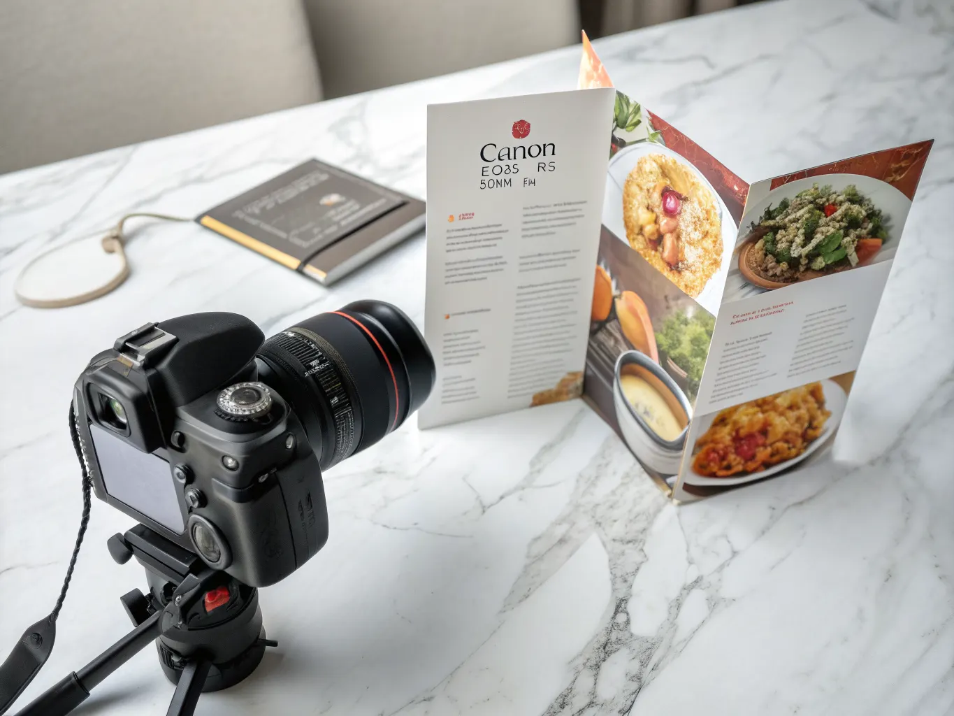 Tri-fold brochure partially folded on marble surface showing restaurant menu layout with food photography and elegant typography