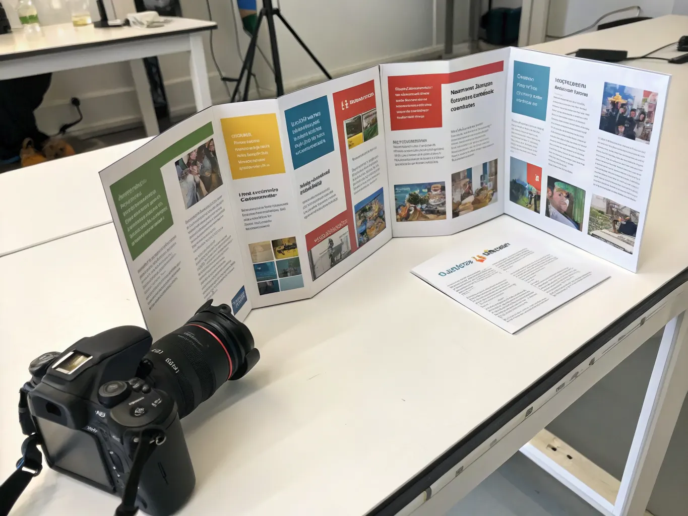Z-fold brochure unfolded in accordion Z-shape on white desk showing six panels with company introduction layout and brand graphics