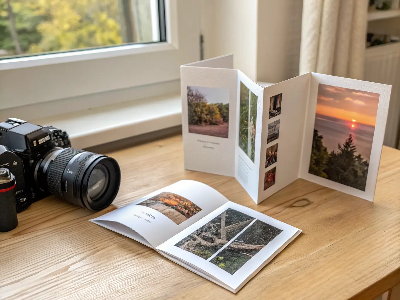 Tri-fold, bi-fold, and gate-fold brochures open on a wooden desk