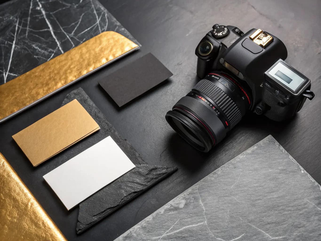Premium business cards displayed on dark marble — matte, gloss, and gold foil finishes