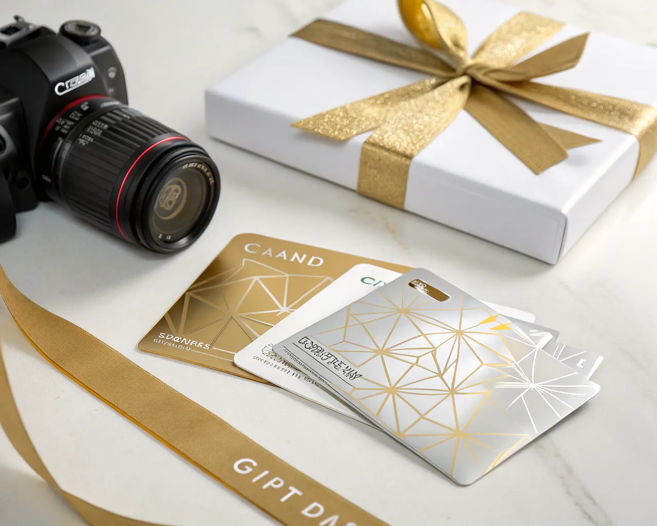 Premium printed gift vouchers with gold foil accents and white gift box with gold ribbon on marble surface for retail and hospitality branding