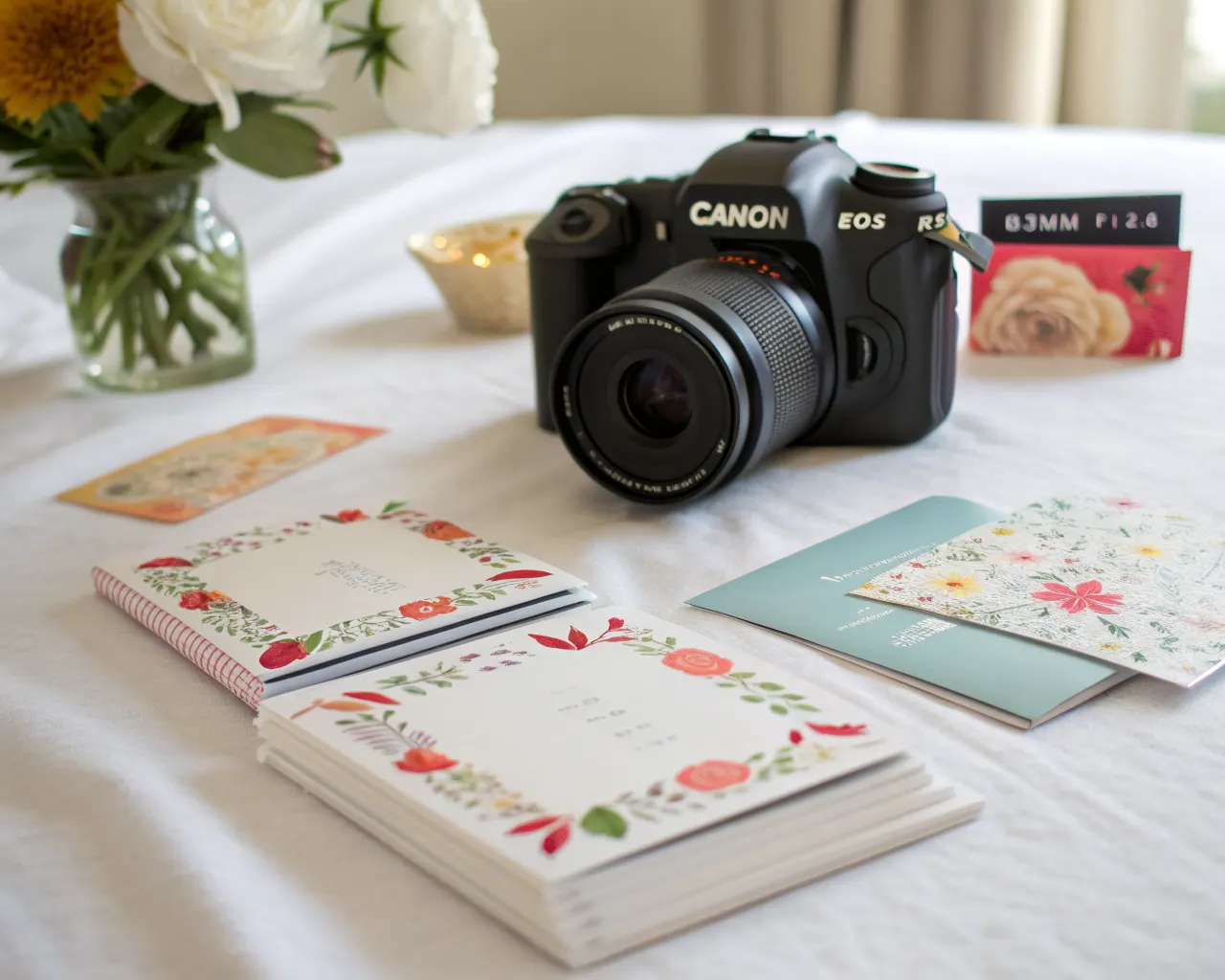 Custom printed greeting cards with colorful floral designs on a white linen surface showing matte and gloss finish options for any occasion