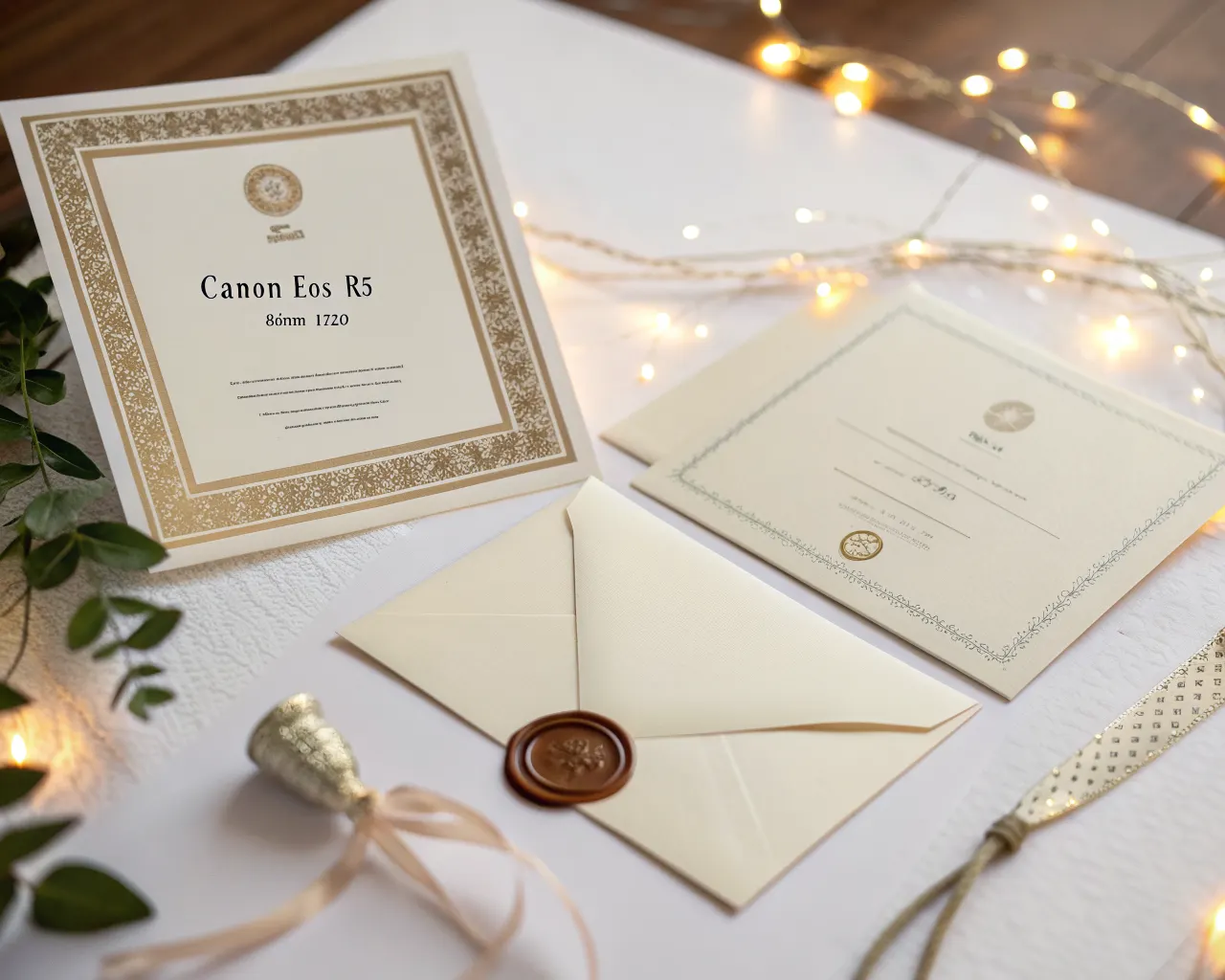 Elegant printed event invitations with matching cream envelopes and wax seal on white surface with warm fairy lights for weddings and events