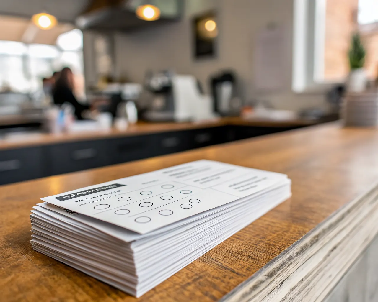 Custom printed loyalty punch cards stacked on a wooden coffee shop counter showing punch circles and clean minimal branding design