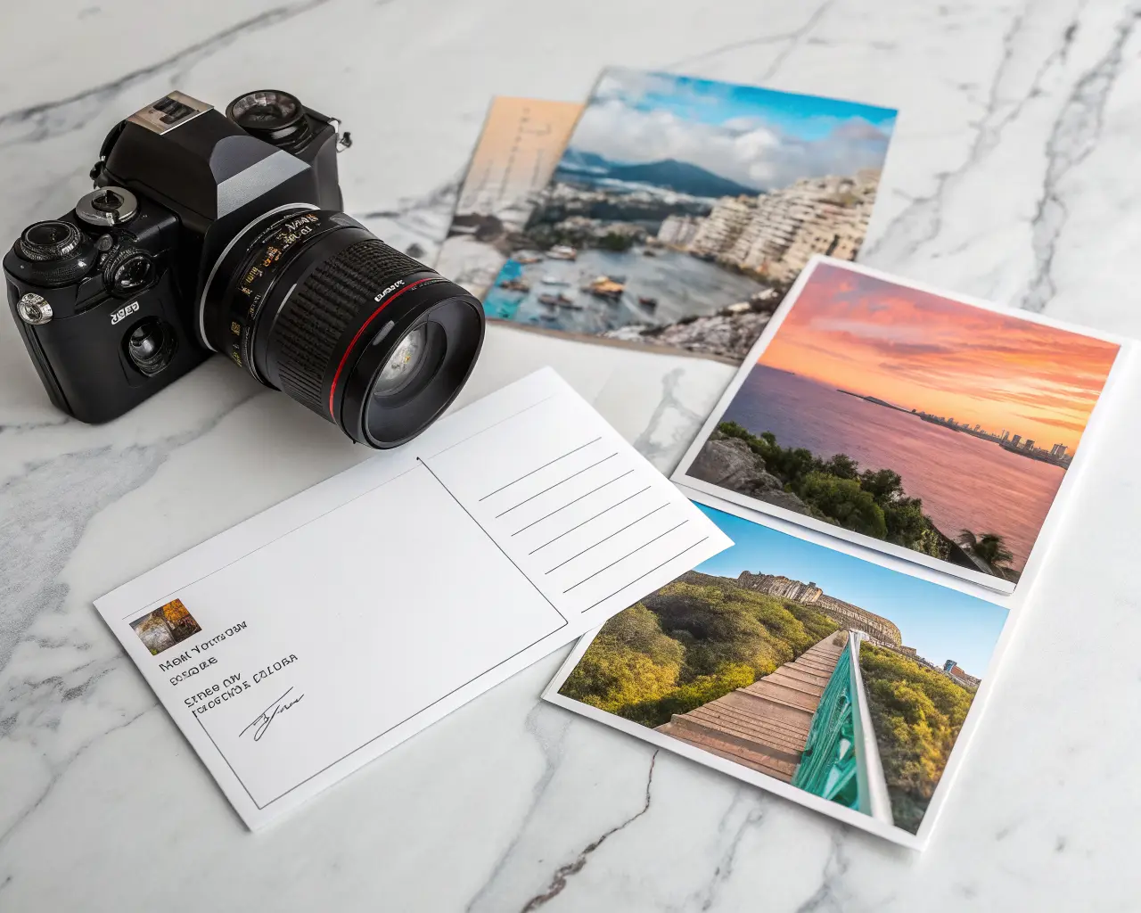 Custom printed postcards spread on a marble surface showing vibrant full-color photography print on front and address fields on reverse
