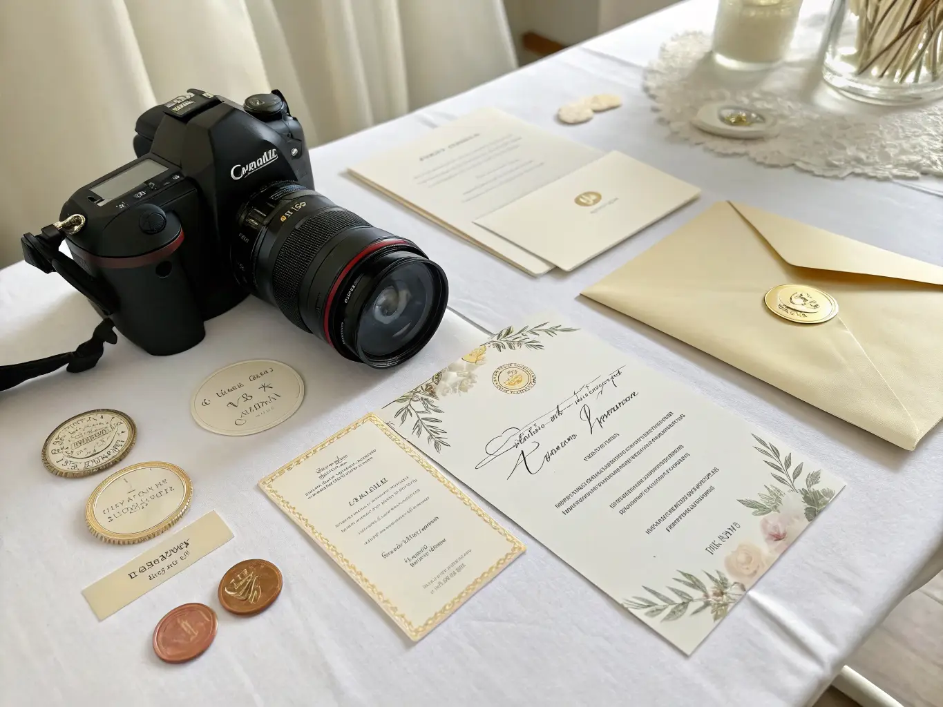 Elegant greeting cards, invitations, and envelopes with wax seals on a white linen surface