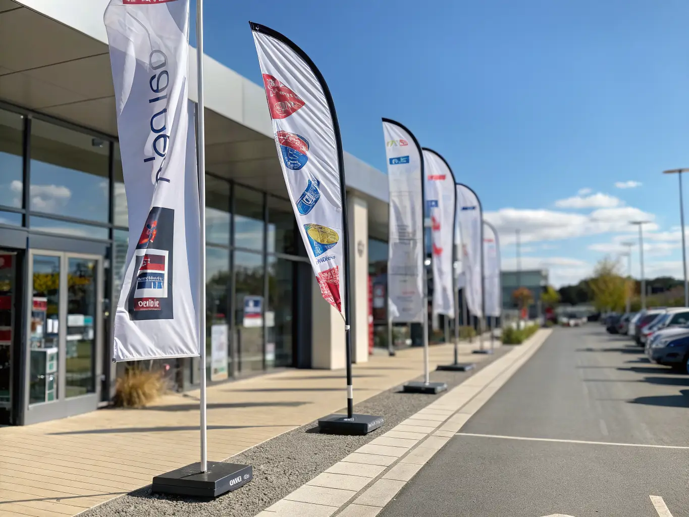 Custom feather flags with full-color branded graphics lined up outside a modern retail storefront in bright daylight