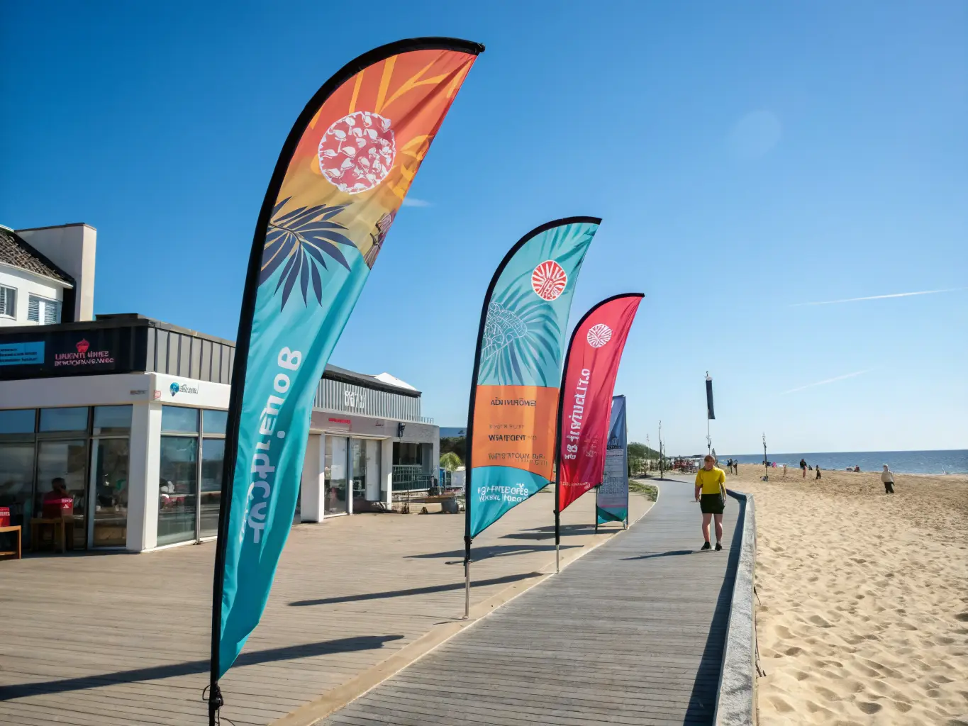 Teardrop beach flags with vibrant dye-sublimation prints standing on a sandy beach boardwalk in bright afternoon sunlight