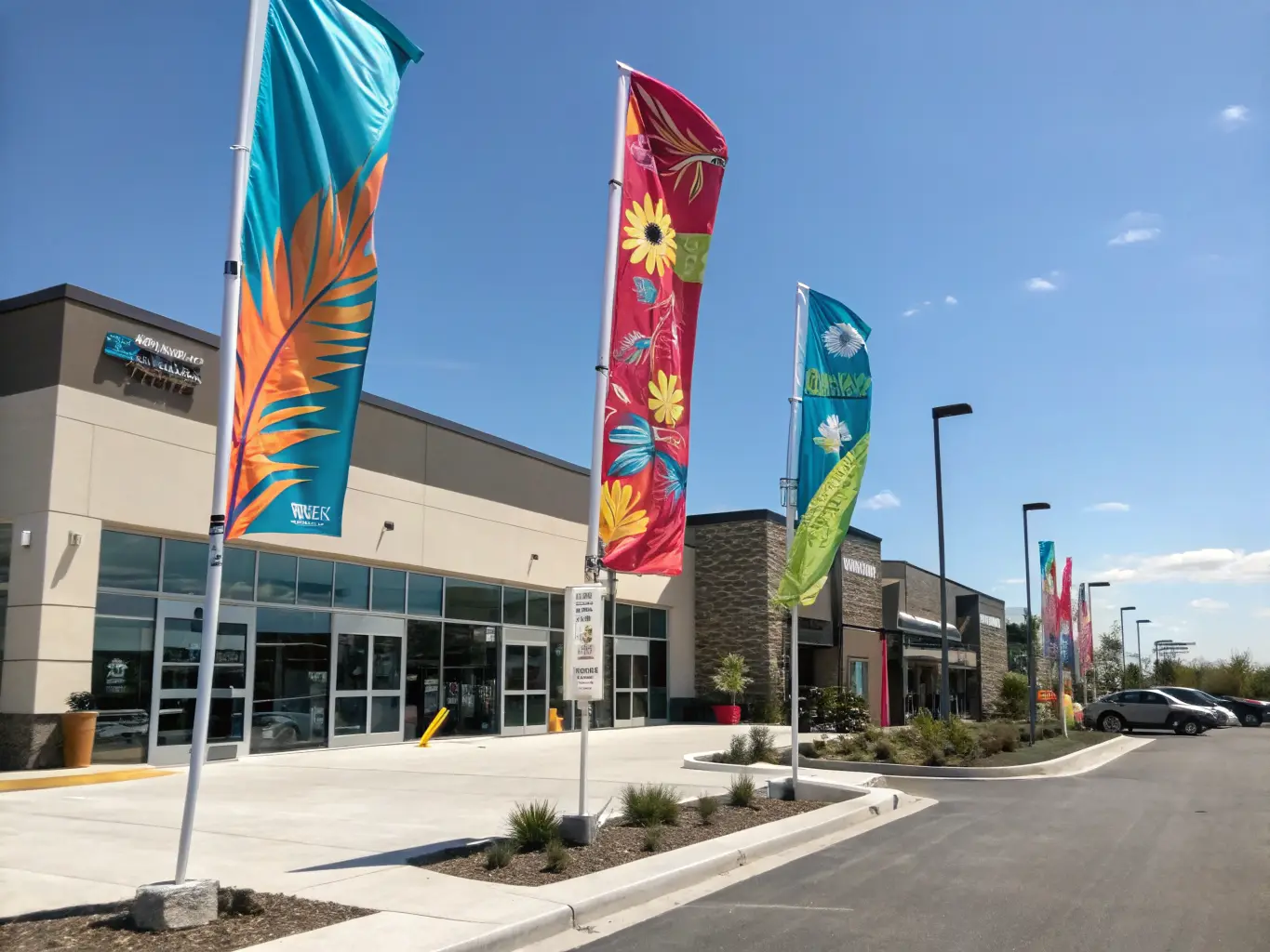 Colorful custom feather flags and teardrop beach flags outside a modern retail storefront