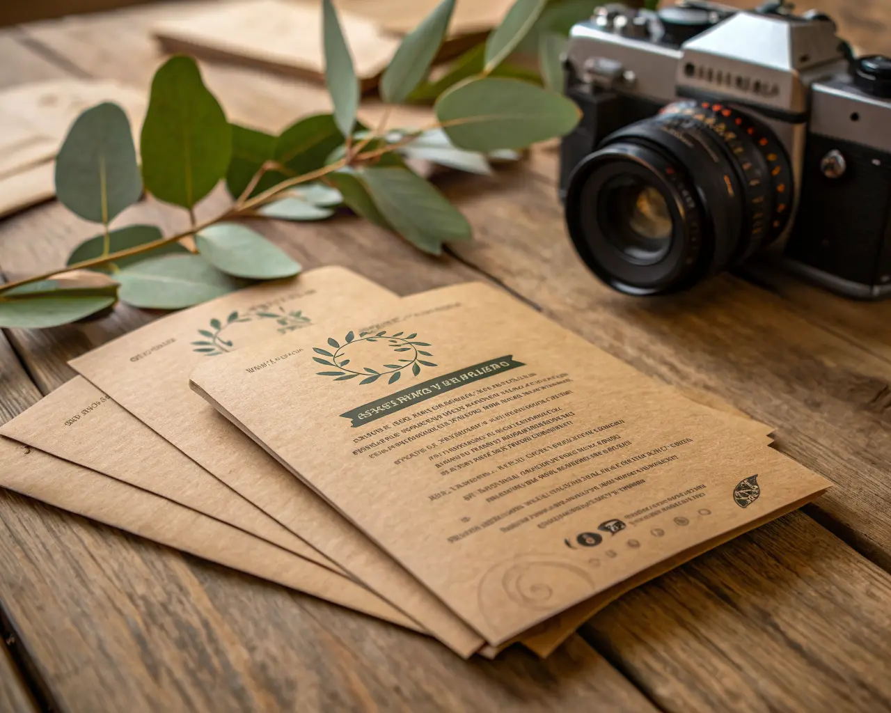 Eco-friendly recycled kraft paper flyers on a rustic wood surface with green eucalyptus leaves showing sustainable print option