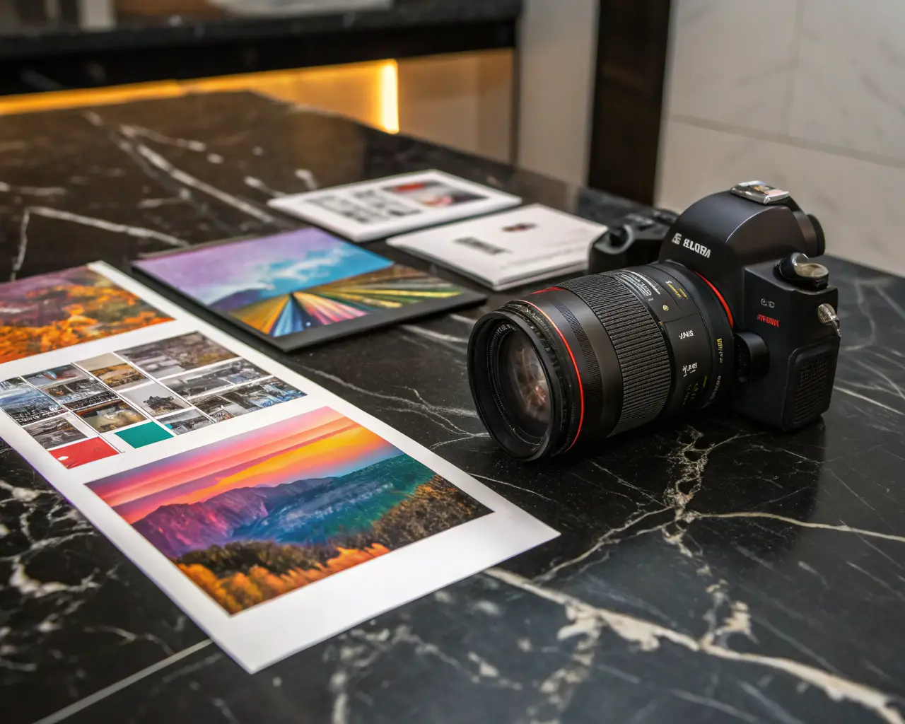 High-gloss marketing flyers spread on a dark marble surface showing vibrant full-color printing with reflective glossy sheen